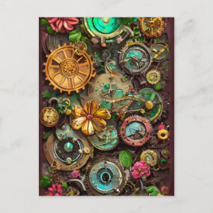 Abstract Surreal Gears Flowers Steampunk Art Postcard