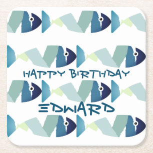 Abstract Swimming Blue Fish Square Paper Coaster