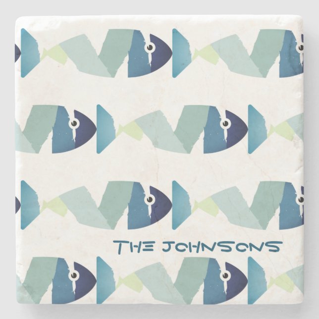Abstract Swimming Blue Fish Stone Coaster (Front)