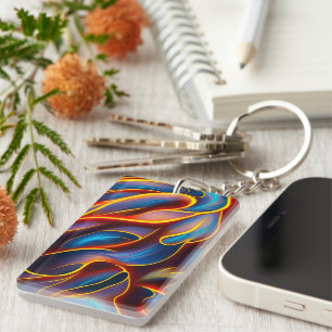 Abstract Swirl Blue Red Flames Keychain