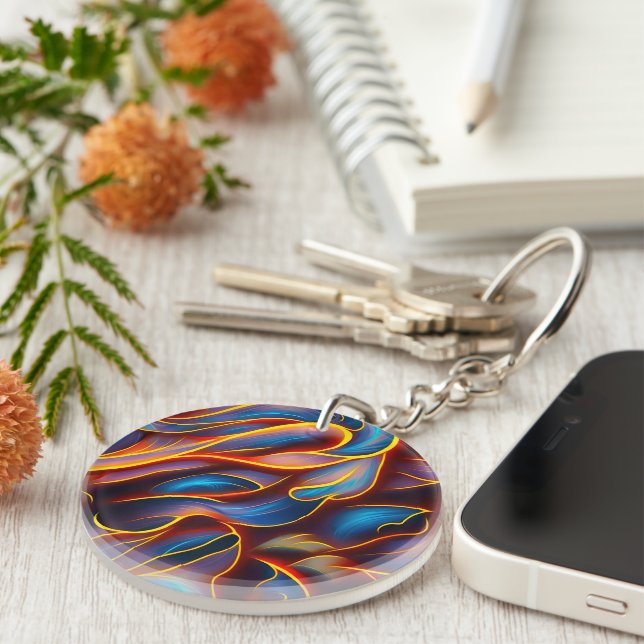 Abstract Swirl Blue Red Flames Keychain (Front Right)