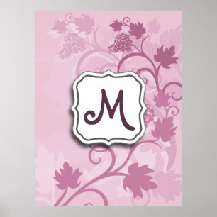 Abstract Swirl Floral Lavender Grapes and Monogram Poster
