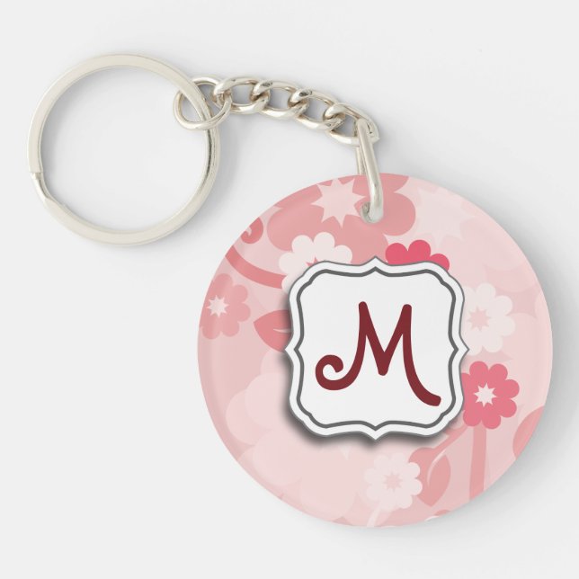 Abstract Swirl Floral Pink with Monogram Keychain (Front)