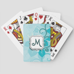 Abstract Swirl Floral Turquoise with Monogram Playing Cards