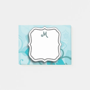Abstract Swirl Floral Turquoise with Monogram Post-it Notes