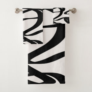 Abstract Swirl Lines Shapes Black And Beige Cream Bath Towel Set