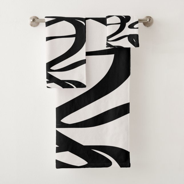 Abstract Swirl Lines Shapes Black And Beige Cream Bath Towel Set (Insitu)