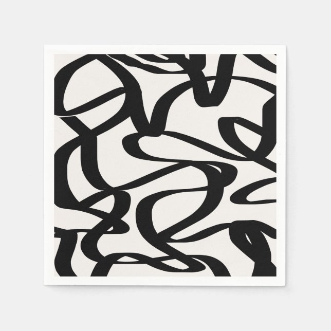 Abstract Swirl Lines Shapes Black And Beige Cream Napkin (Front)