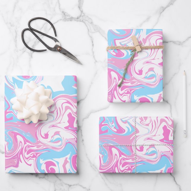 Abstract Swirl of Pink, Blue, and White Colours Wrapping Paper Sheet (Front)
