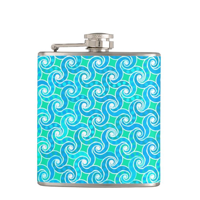 Abstract Swirl pattern - Blue, Jade green & White Hip Flask (Front)