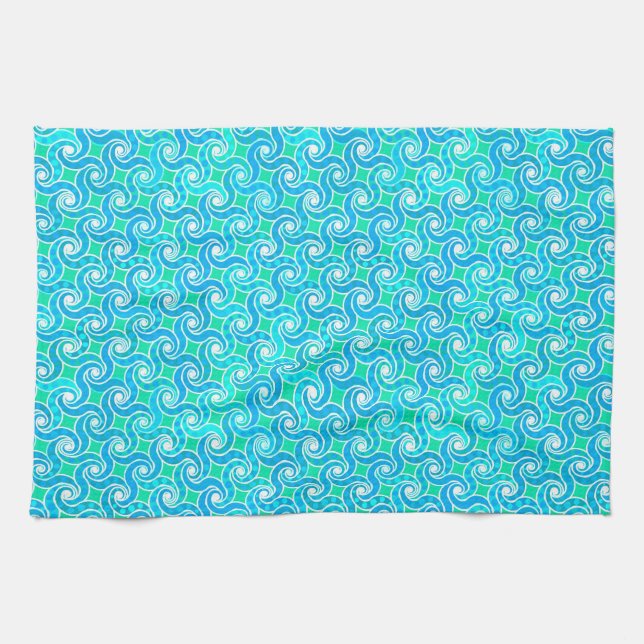 Abstract Swirl pattern - Blue, Jade green & White Kitchen Towel (Horizontal)