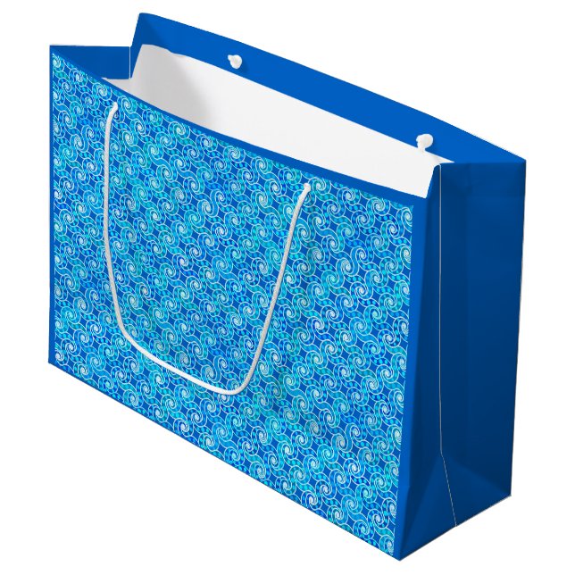 Abstract swirl pattern - blue, turquoise & white large gift bag (Front Angled)