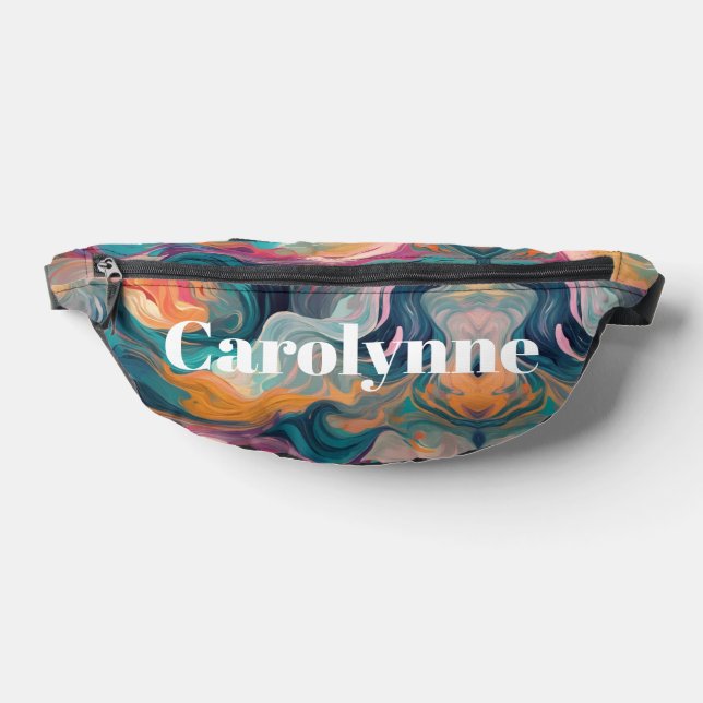 Abstract Swirl Pattern White Text Fanny Pack (Lay Down)