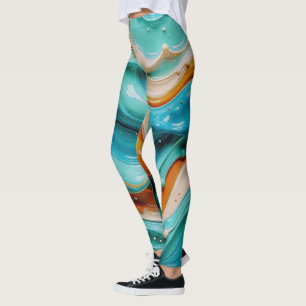Abstract Swirling Teal and Orange Glossy Fluid  Leggings