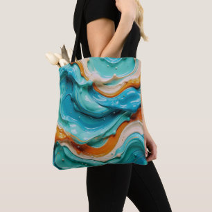 Abstract Swirling Teal and Orange Glossy Fluid  Tote Bag