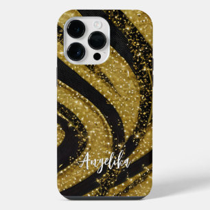 Abstract Swirls Black and Gold Personalized Name iPhone 14 Pro Max Case