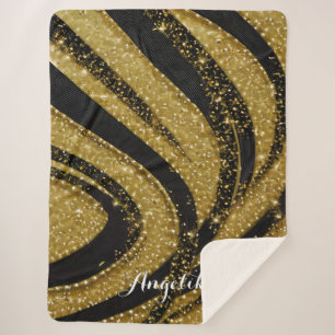 Abstract Swirls Black and Gold Personalized Name Sherpa Blanket