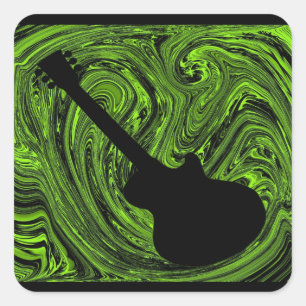 Abstract Swirls Guitar Square Stickers, Green Sticker