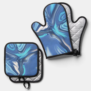 Abstract Symphony in Blue 2 Oven Mitt & Pot Holder Set