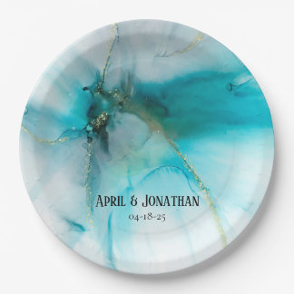 Abstract Teal and Faux Gold Wedding Plate