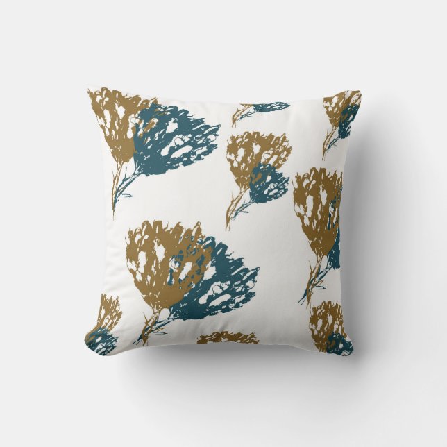 Abstract Teal and Gold Floral Throw Pillow (Front)