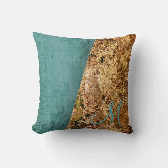 Abstract Teal and Gold Monogram Throw Pillow (Front)