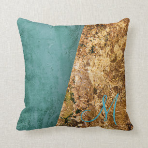 Abstract Teal and Gold Monogram Throw Pillow
