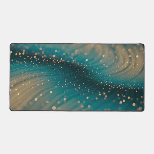 Abstract Teal and Gold Particle Wave Desk Mat  (Front)