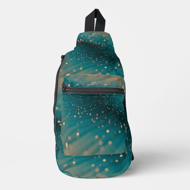 Abstract Teal and Gold Particle Wave  Sling Bag (Front)