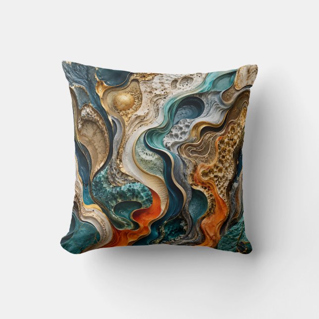Abstract Teal and Orange Luxury 3D Fluid Art Throw Pillow (Front)