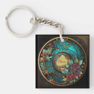 Abstract Teal and pink stained glass Mother's Day Keychain