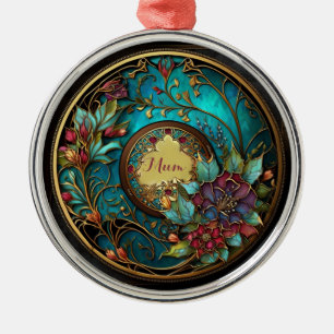 Abstract Teal and pink stained glass Mother's Day Metal Ornament