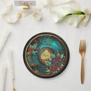 Abstract Teal and pink stained glass Mother's Day Paper Plate