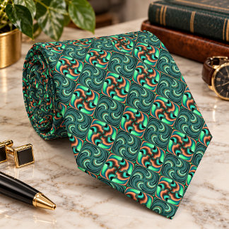 Abstract Teal and Salmon Diamond Swirl Fractal Tie