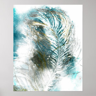 Abstract Teal and White Feather Painting Poster