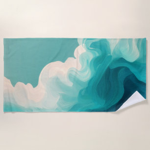 Abstract Teal and White Flowing Waves Beach Towel