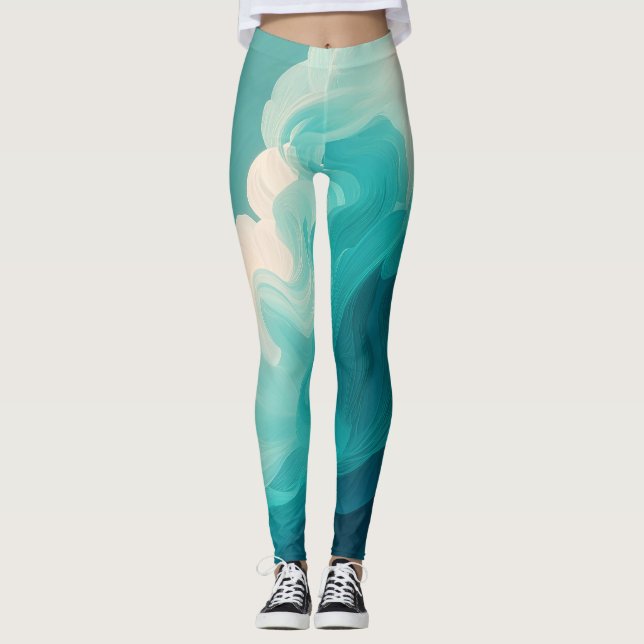 Abstract Teal and White Flowing Waves Leggings (Front)