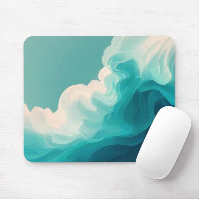 Abstract Teal and White Flowing Waves Mouse Pad (With Mouse)