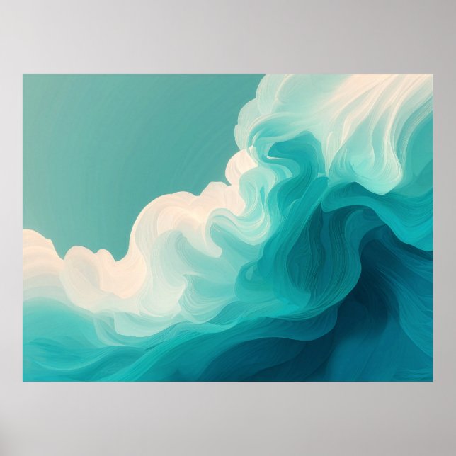 Abstract Teal and White Flowing Waves Poster (Front)