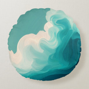 Abstract Teal and White Flowing Waves Round Pillow