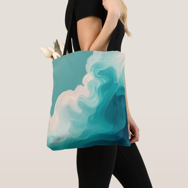 Abstract Teal and White Flowing Waves Tote Bag (Close Up)