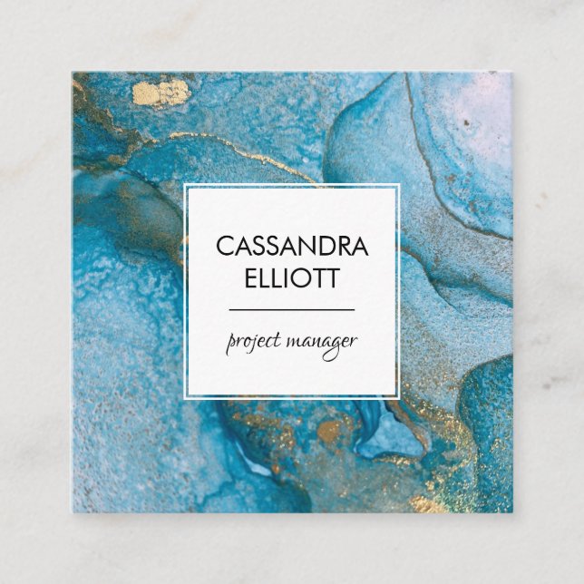 Abstract Teal Blue & Gold Alcohol Ink Liquid Art Square Business Card (Front)