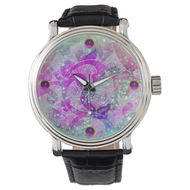 ABSTRACT TEAL BLUE,PINK WAVES,SPARKLES,PURPLE GEM WATCH (Front)