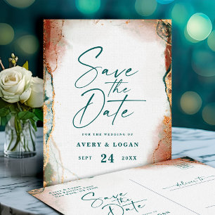 Abstract Teal & Copper Fall Wedding Save The Date Announcement Postcard