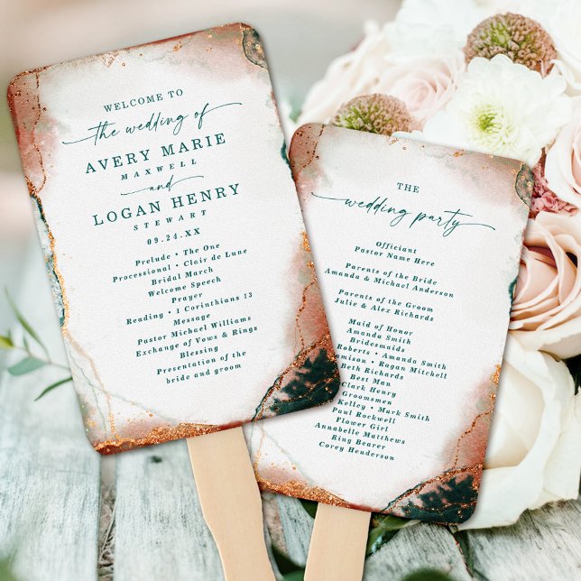 Abstract Teal & Copper Wedding Ceremony Program Hand Fan (Modern Teal and Copper Wedding Ceremony Program Hand Fans)