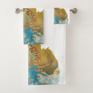 Abstract Teal Gold Agate Watercolor Bath Towel Set