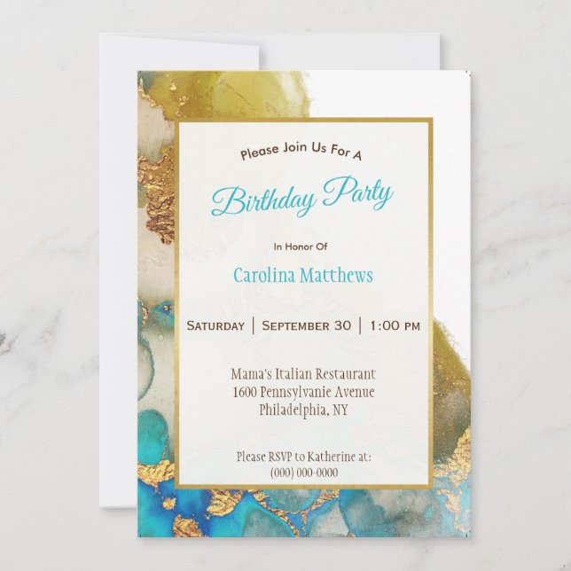 Abstract Teal Gold Agate Watercolor Birthday Invitation (Front)