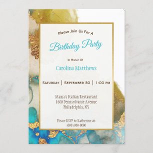 Abstract Teal Gold Agate Watercolor Birthday Invitation