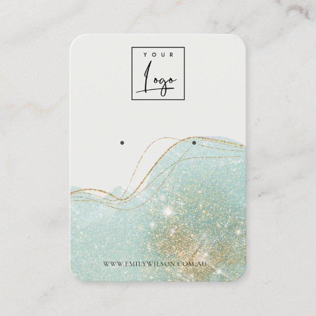 Abstract Teal Green Glitter Shiny Earring Display Business Card (Front)