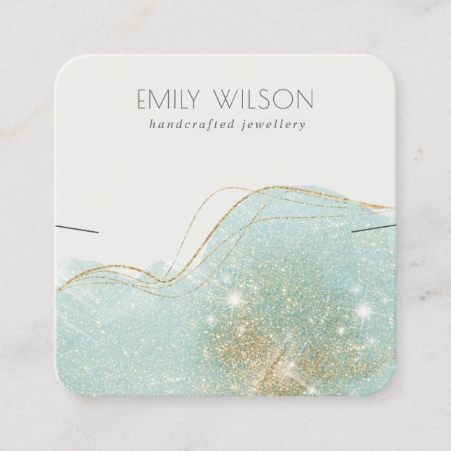 Abstract Teal Green Glitter Shiny Earring Display Square Business Card (Front)